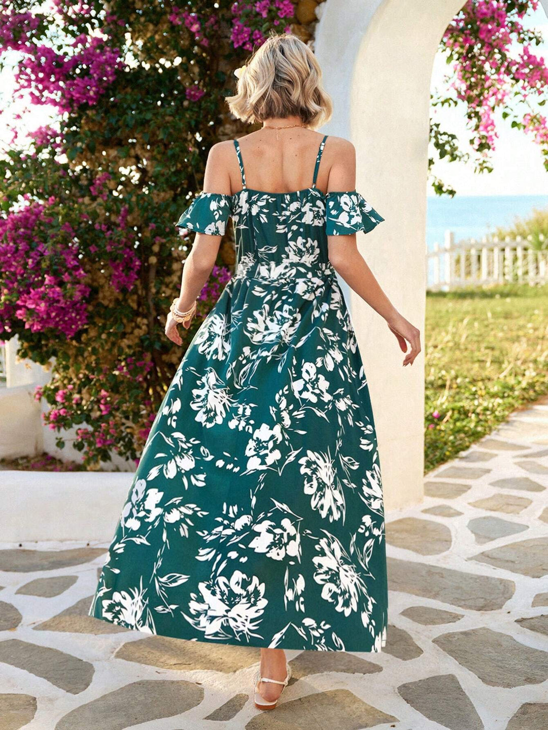 Floral Print Cold Shoulder Wrap Hem Belted Dress for Women - Vivid Eden Summer Collection