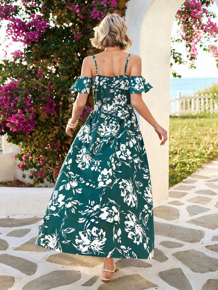Floral Print Cold Shoulder Wrap Hem Belted Dress for Women - Vivid Eden Summer Collection