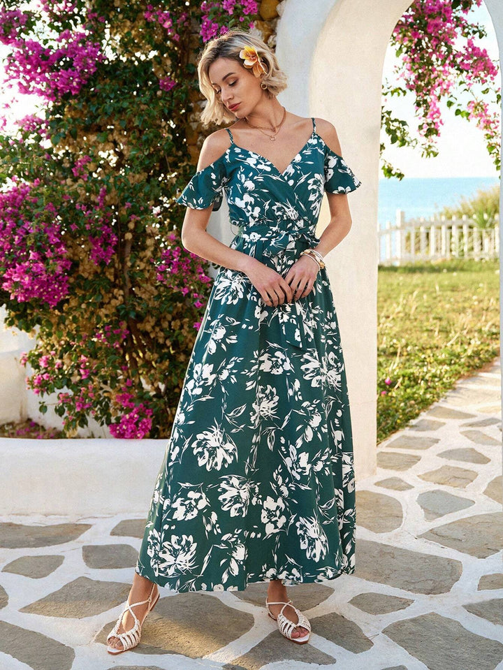 Floral Print Cold Shoulder Wrap Hem Belted Dress for Women - Vivid Eden Summer Collection